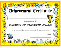 achievement of fractions award certificate
