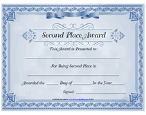 second place award  certificate