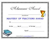 math mastery fractions award certificcate