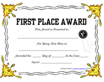 printable first place award  certificate