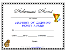 free mastery of counting money award certificate