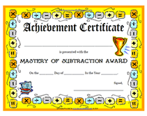 Achievement Award Mastery of Subtraction Certificate