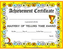 certificate mastery telling time award certificate