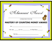 Blank Math Math Mastery of Counting Money Award Certificate