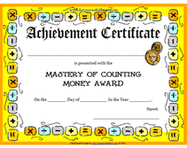 achievement certificate math mastery counting money award
