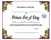 printable prince for a day award certificate