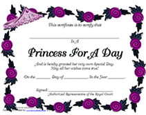 princess for a day certificate