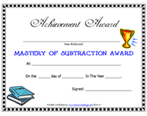 blank math mastery of subtraction award certificate