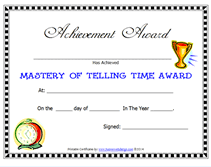 printable math mastery telling time award