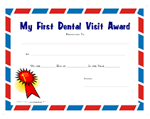 printable my first dental visit award certificate