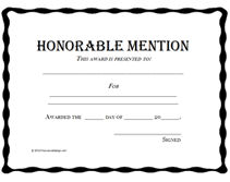 basic printable honorable mention award certificate