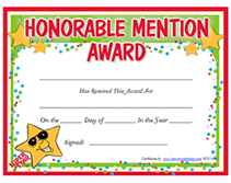 school star honorable mention award certificate