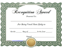 green printable most likely recogniton award certificate