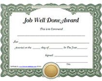 job well done award certificates