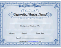 printable blue honorable mention award certificate