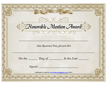 free printable gold honorable mention award certificate