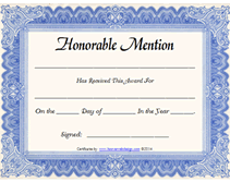 blue free printable honorable mention award certificate